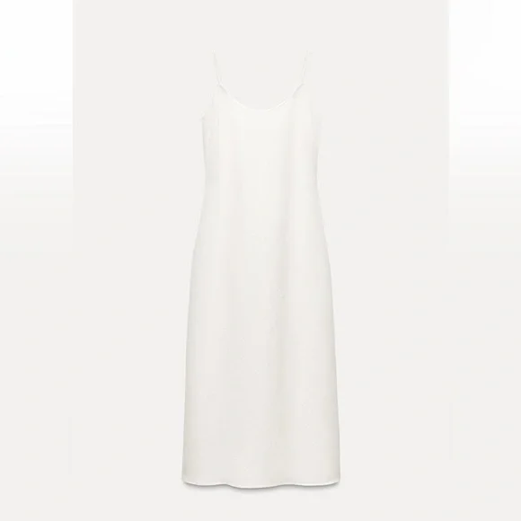 Zara White Linen Blend A-Line Midi Dress Round neckline strap ZW Cotton S NWT - Picture 7 of 16